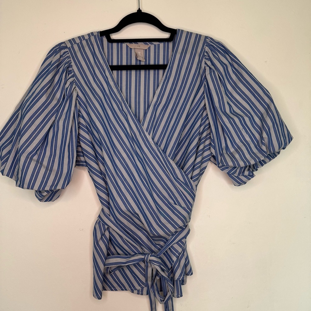 H&M Blue and White Striped Balloon Sleeve Wrap Blouse Size L